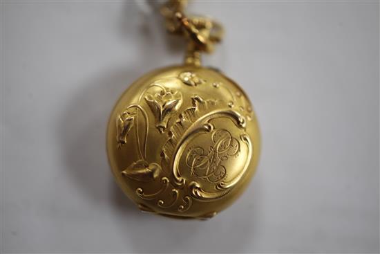 A late 19th century French gold fob watch and a French 18ct gold guard chain, chain 62in.